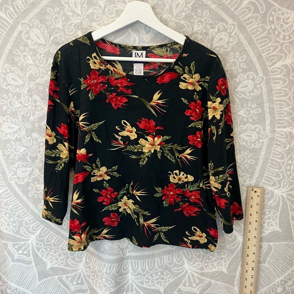 JM COLLECTION BLACK FLORAL SEQUIN/BEADED TOP 3/4 SLEEVE TOO CUTE EUC - Picture 2 of 11